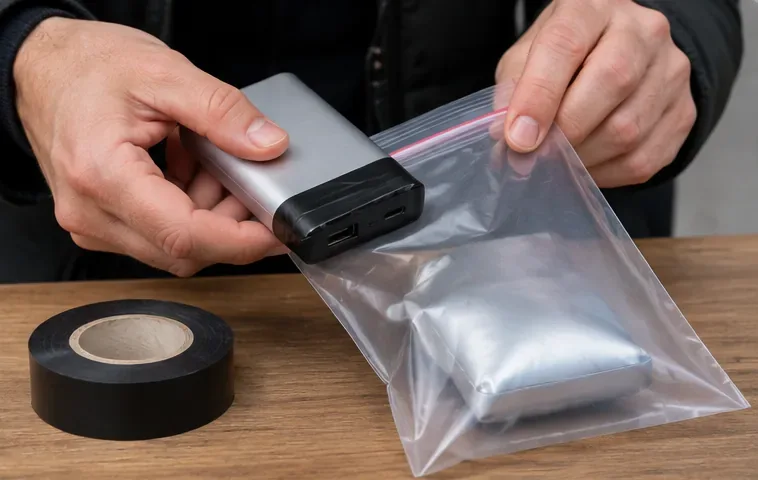 Des mains placent une batterie externe gonflée dans un sachet plastique transparent après avoir isolé ses connectiques avec du ruban adhésif