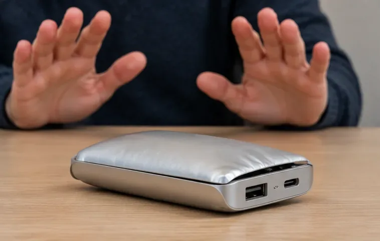 Une batterie externe nettement gonflée posée sur une table, tandis qu’une personne garde ses mains à distance