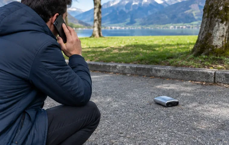 Une personne reste à distance d’une batterie externe posée au sol et appelle les secours avec son téléphone