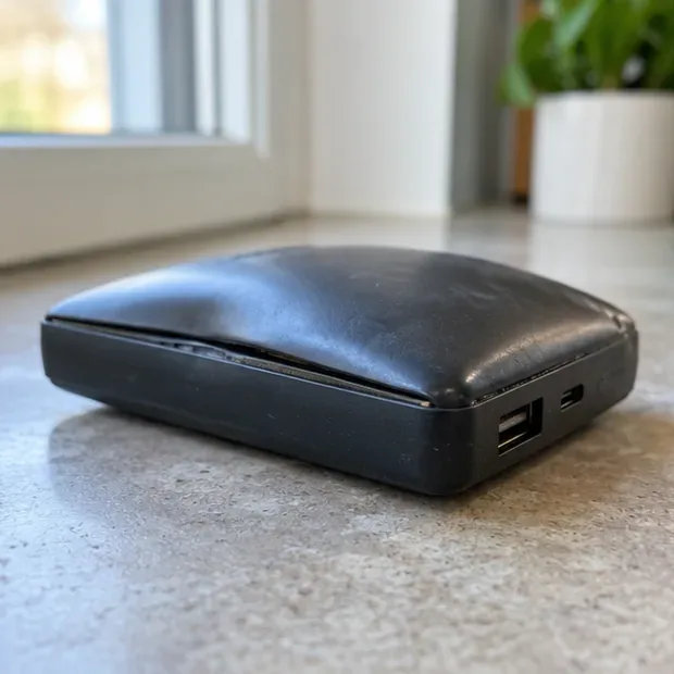 Batterie externe noire visiblement gonflée, posée seule sur une surface stable près d’une fenêtre