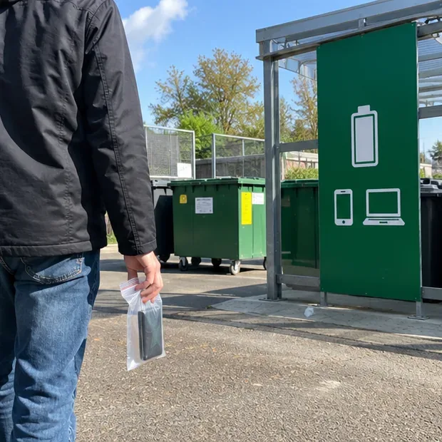 Personne arrivant dans un centre de recyclage avec une petite batterie externe isolée dans un sachet transparent, devant une signalétique de collecte électronique
