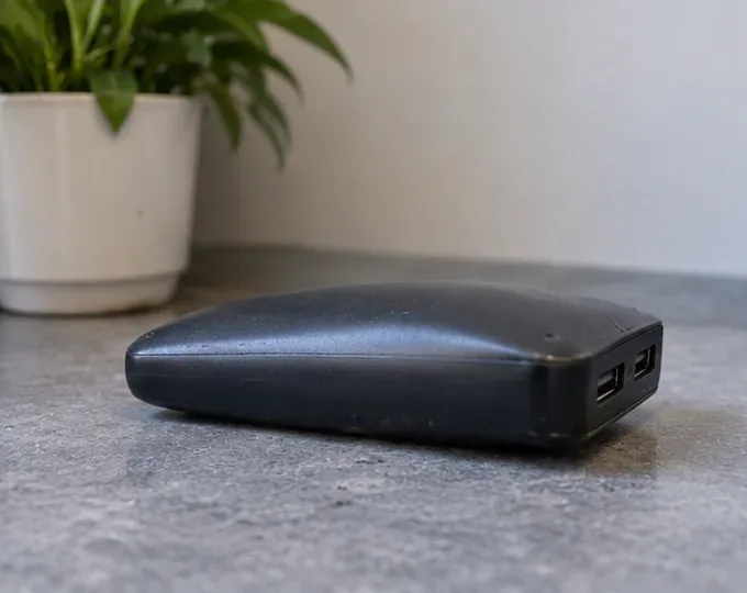 Batterie externe noire dont le boîtier est visiblement bombé, posée seule sur un plan de travail