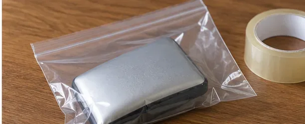 Batterie externe gonflée placée sans compression dans un sachet plastique transparent sur une table