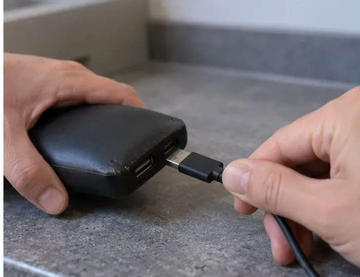 Main débranchant avec précaution le câble d’une batterie externe gonflée posée sur un plan de travail