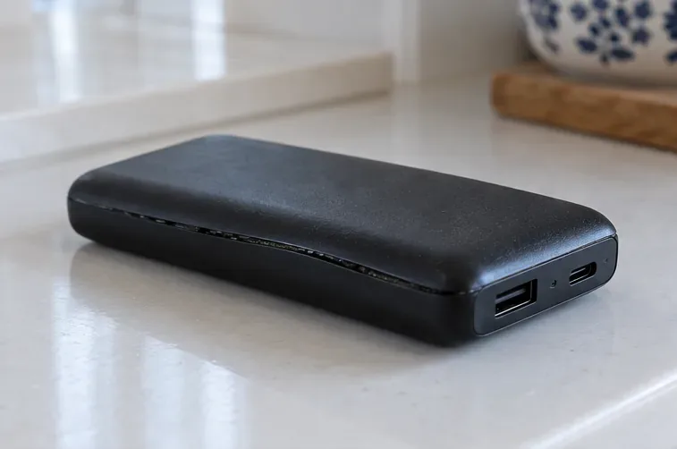 Batterie externe noire débranchée et posée seule sur une surface claire dégagée.