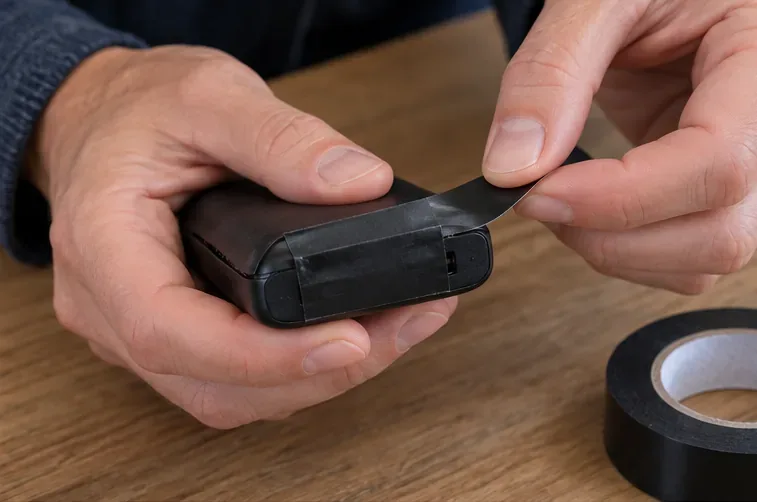 Deux mains posent doucement un ruban isolant sur les connectiques d’une batterie externe.