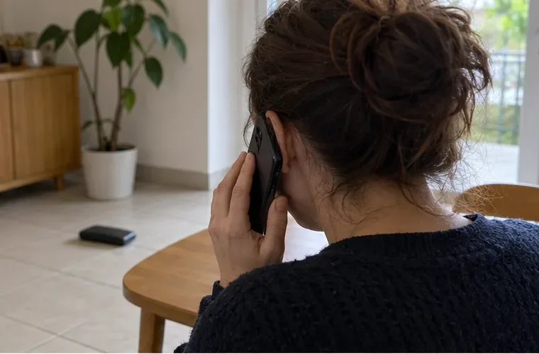 Une personne téléphone tandis que la batterie externe reste posée à distance sur le sol.
