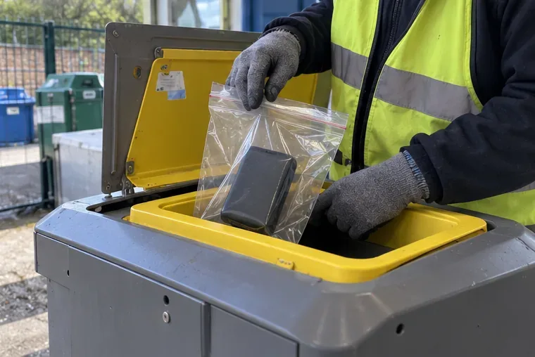Un agent en gilet de sécurité tient un sachet contenant une batterie externe au-dessus d’un bac dédié aux batteries.