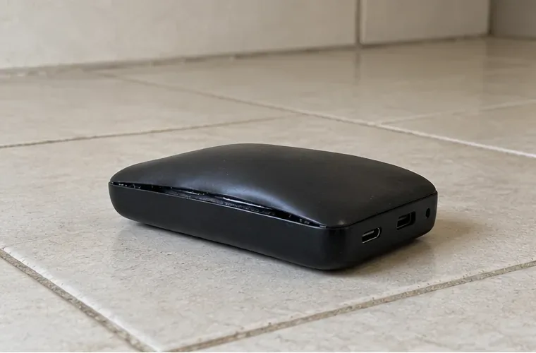Une batterie externe noire présente une coque bombée et reste débranchée sur un carrelage dégagé.