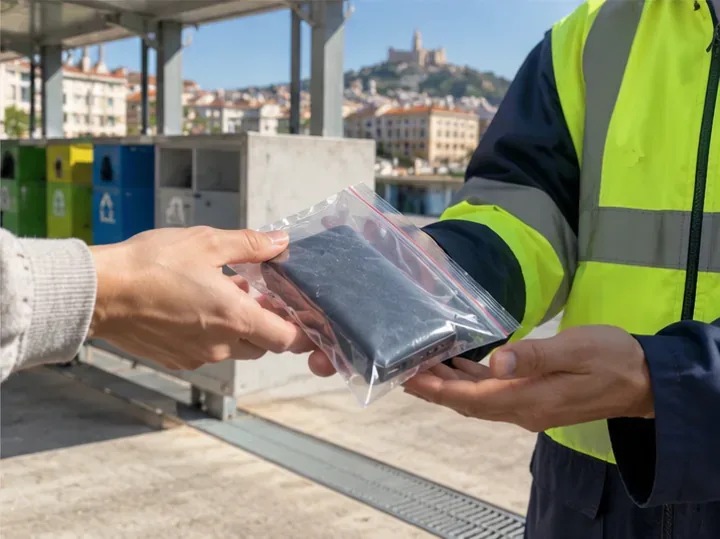 Usager remettant directement une batterie externe gonflée emballée dans un sac transparent à un agent de collecte portant un gilet de sécurité à Marseille