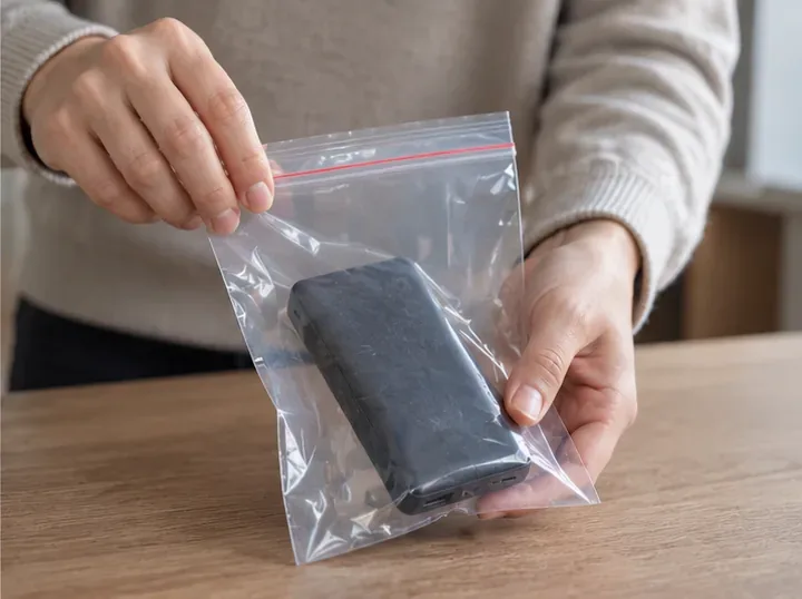 Personne plaçant une batterie externe gonflée dans un sac plastique transparent à fermeture zip