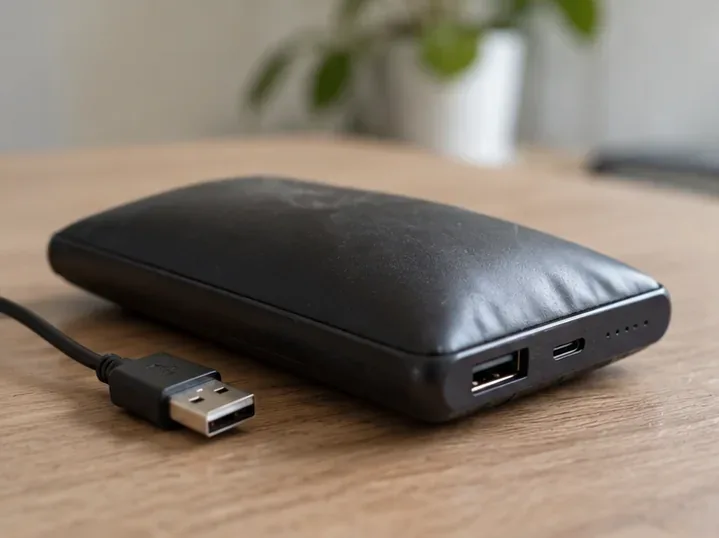 Batterie externe noire dont la coque est visiblement gonflée, posée sur une table avec son câble débranché