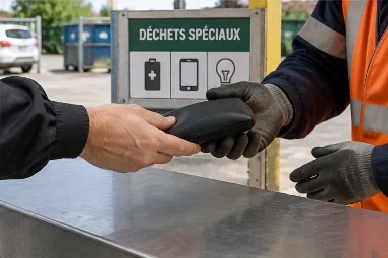 Usager remettant une batterie externe gonflée à un agent ganté dans un site de collecte de déchets spéciaux