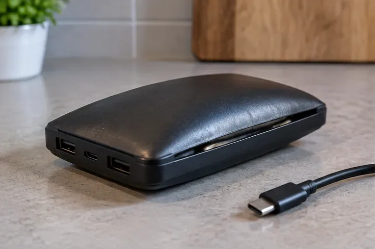 Batterie externe noire dont le boîtier est nettement bombé et entrouvert sur un plan de travail