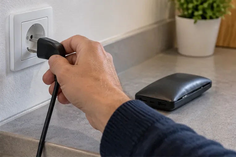 Main retirant une fiche d’alimentation d’une prise murale, avec une batterie externe gonflée posée à distance