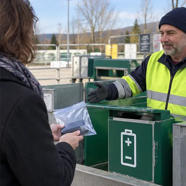 Habitante présentant le sachet fermé à un agent d’un point de collecte des batteries.