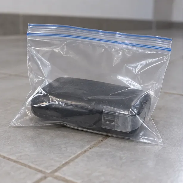 Batterie externe gonflée placée dans un sachet plastique transparent à fermeture étanche.
