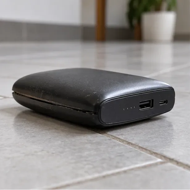 Batterie externe au boîtier légèrement écarté, posée sans être manipulée sur un sol carrelé.