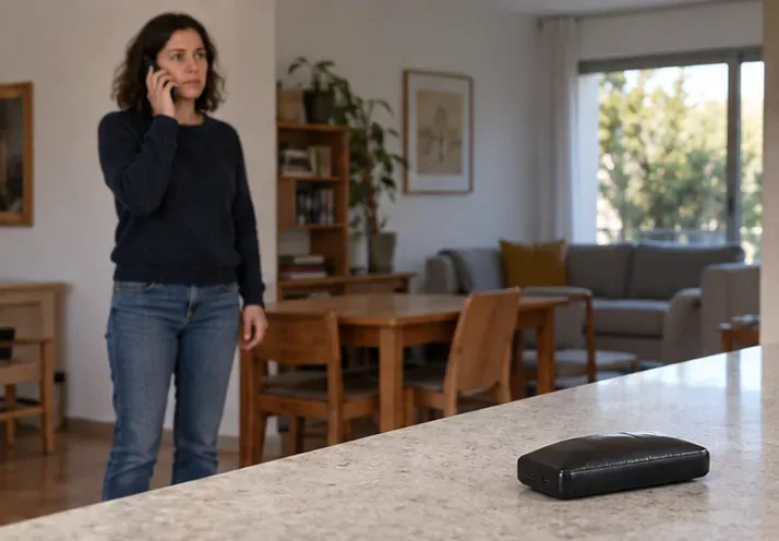 Une personne téléphone à distance d’une batterie externe gonflée laissée intacte sur un comptoir