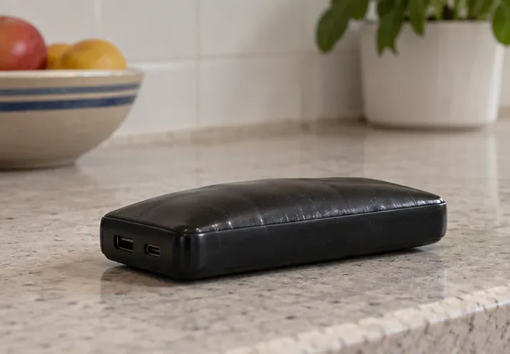 Batterie externe noire déformée posée sans être touchée sur un plan de travail clair