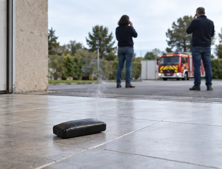 Batterie externe fumante laissée au sol tandis que des personnes se tiennent à distance et alertent les secours