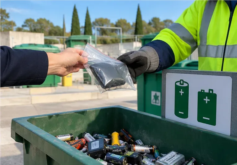 Usager remettant une batterie externe emballée à un agent de déchèterie portant des gants, près d’un bac dédié aux piles et batteries