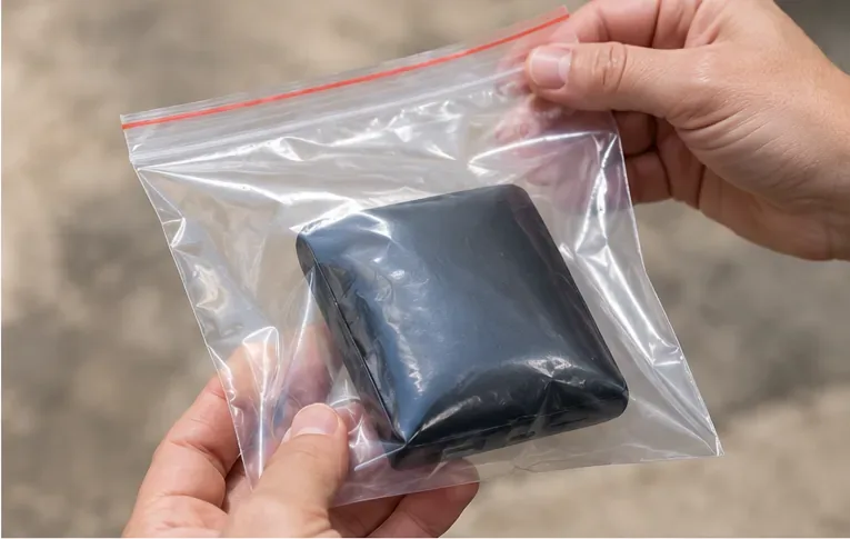 Batterie externe gonflée placée seule dans un sachet plastique transparent fermé