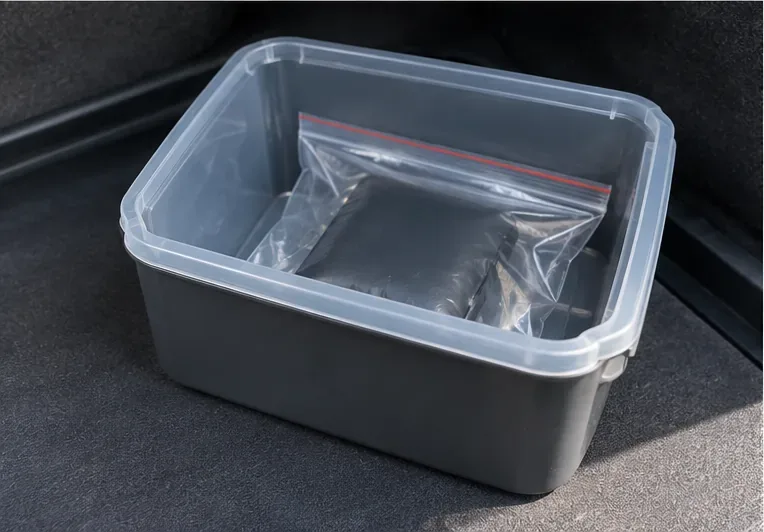 Batterie externe isolée dans un sachet transparent et placée de manière stable dans un petit bac non métallique