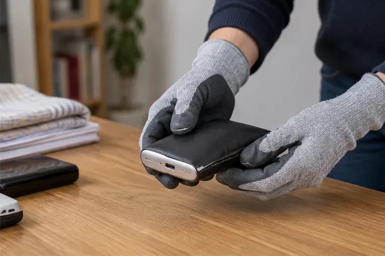 Personne portant des gants tenant avec précaution une batterie externe gonflée au-dessus d’une table