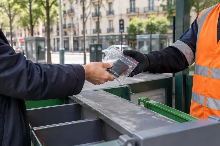 Une personne remet une batterie externe emballée à un agent de collecte portant des gants et un gilet de sécurité