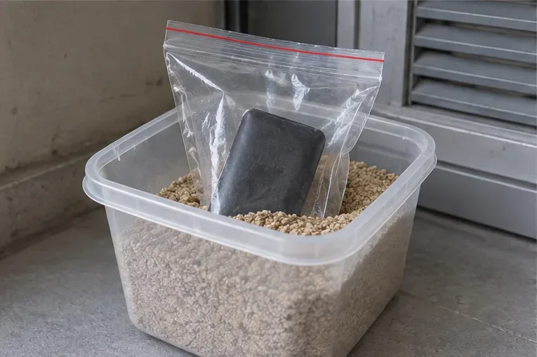 Batterie externe placée dans un sachet transparent et isolée dans un contenant avec un matériau sec absorbant