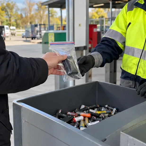 Personne remettant une batterie externe gonflée emballée individuellement à un agent d’un site de collecte