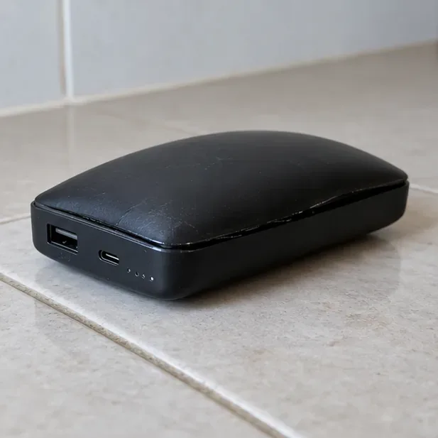 Batterie externe noire visiblement gonflée, posée sur un sol carrelé sans être branchée