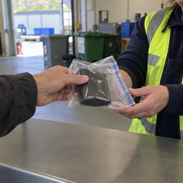 Une personne remet un sachet transparent contenant une batterie externe noire à un agent derrière un comptoir.