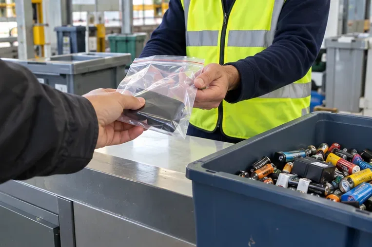 Personne remettant une batterie externe emballée dans un sac transparent à un agent de collecte devant un bac de piles et batteries