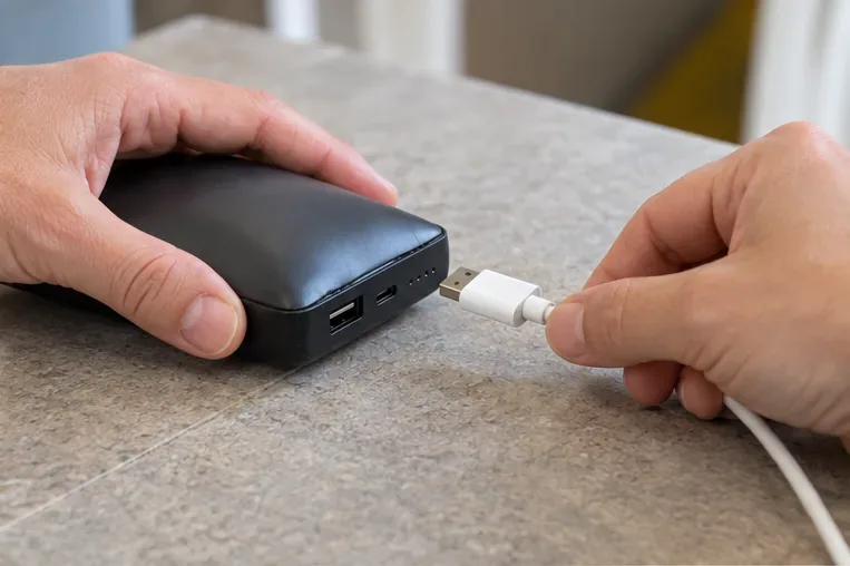 Main retirant doucement un câble d’une batterie externe gonflée posée sur une surface stable
