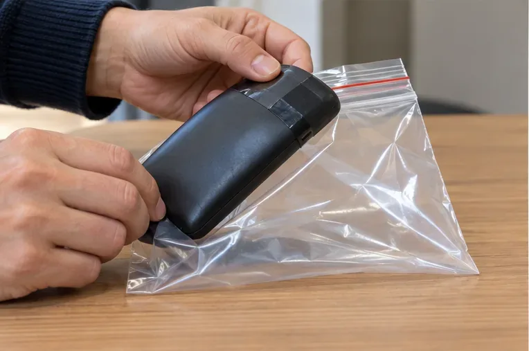 Batterie externe avec connectiques protégées par du ruban isolant en cours de placement dans un sac plastique transparent refermable