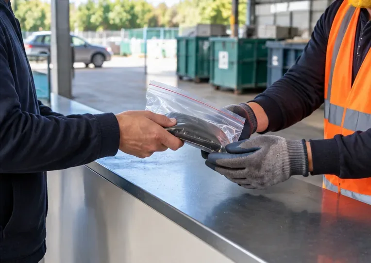 Personne remettant à un agent de déchèterie une batterie externe placée dans un sac transparent fermé