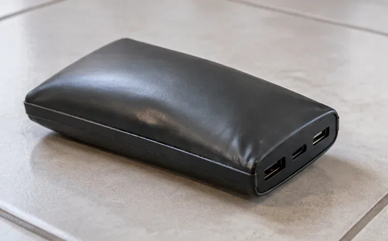 Batterie externe noire dont le boîtier est nettement bombé, posée seule sur une surface non combustible