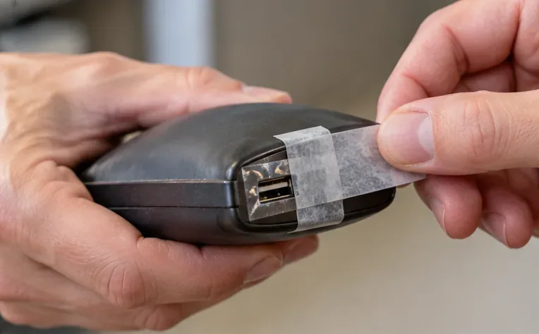 Main posant un ruban adhésif sur les ports d'une batterie externe gonflée afin d'isoler les connectiques