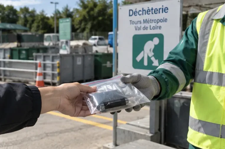 Une personne remet un sachet transparent contenant une batterie externe gonflée à un agent de déchèterie