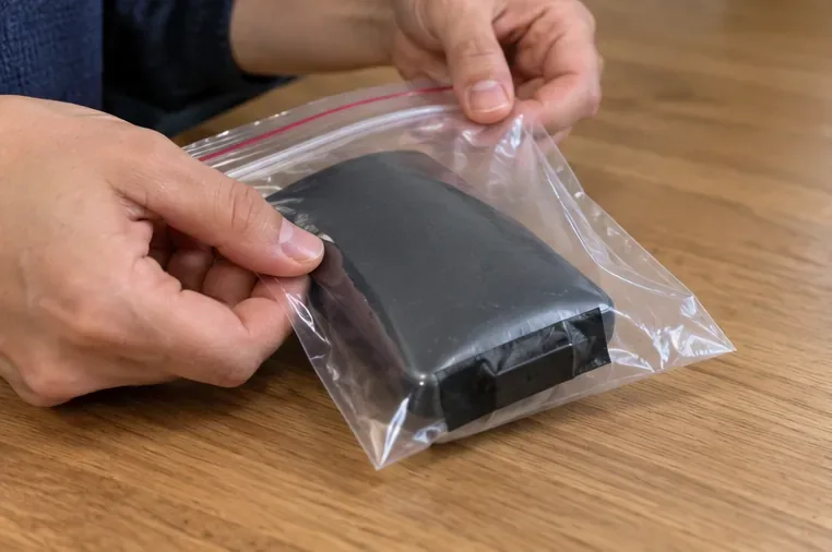 Batterie externe gonflée placée dans un sachet transparent fermé après protection de ses connectiques avec du ruban adhésif