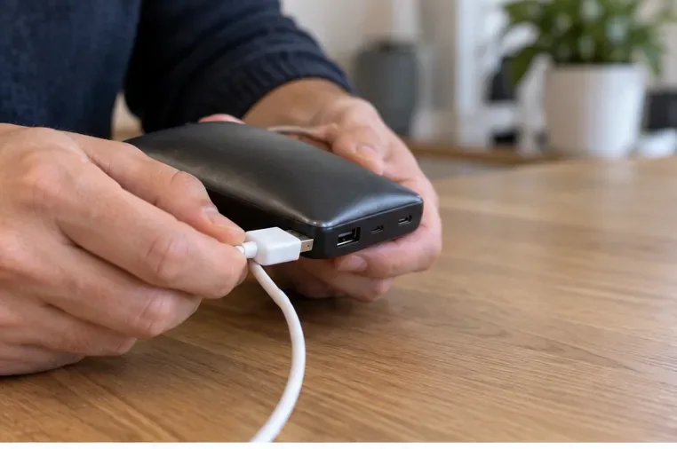 Une personne débranche un câble USB d’une batterie externe dont le boîtier est visiblement gonflé