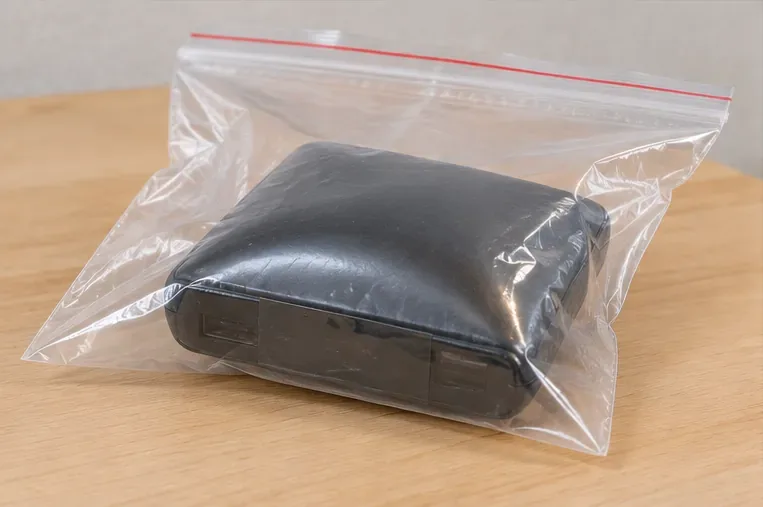 Batterie externe gonflée isolée seule dans un sachet plastique transparent refermable