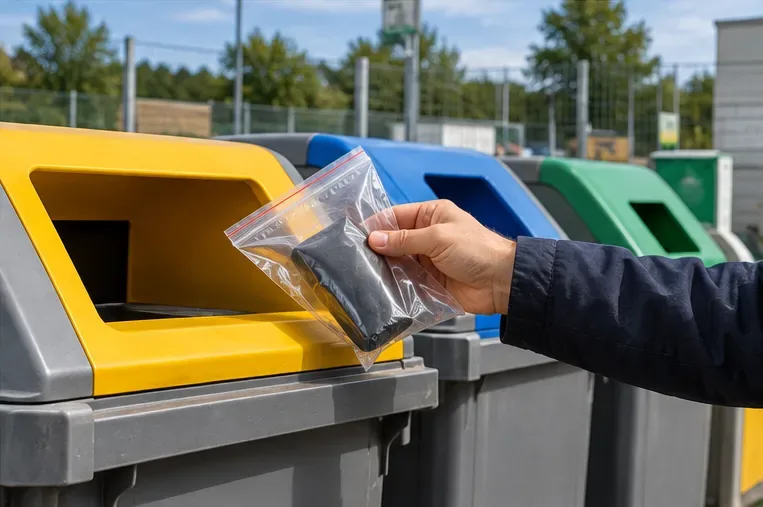 Personne tenant une batterie externe gonflée dans un sachet transparent devant des conteneurs de collecte dédiés
