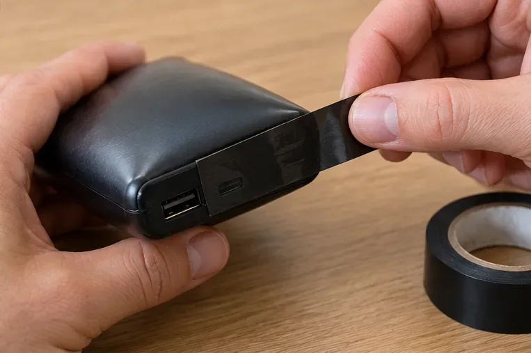 Main appliquant doucement un ruban isolant noir sur les ports accessibles d'une batterie externe gonflée