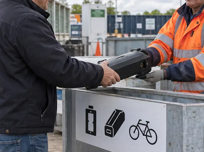 Een grote zwarte fietsaccu wordt bij een recyclingpunt voorzichtig aan een medewerker overhandigd