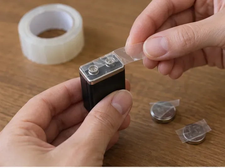 Handen plakken de twee contactpolen van een 9-volt-batterij af terwijl knoopcellen op tafel eveneens met tape zijn afgedekt
