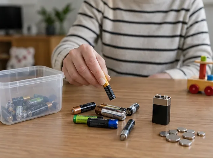 Verschillende lege AA-, AAA-, knoopcel- en 9-volt-batterijen worden thuis apart verzameld in een bakje