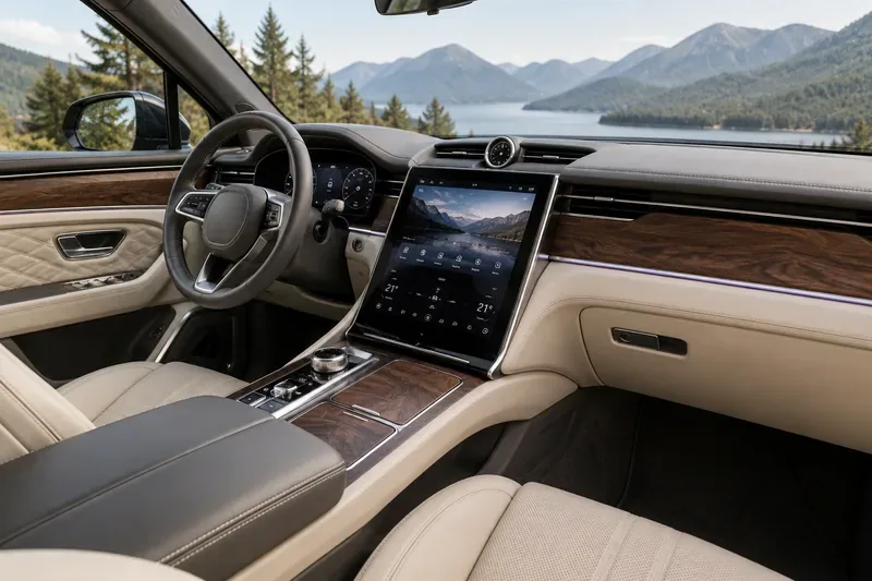 Generic luxury electric-vehicle cabin with a large portrait display, wood trim, leather seats, and ambient lighting